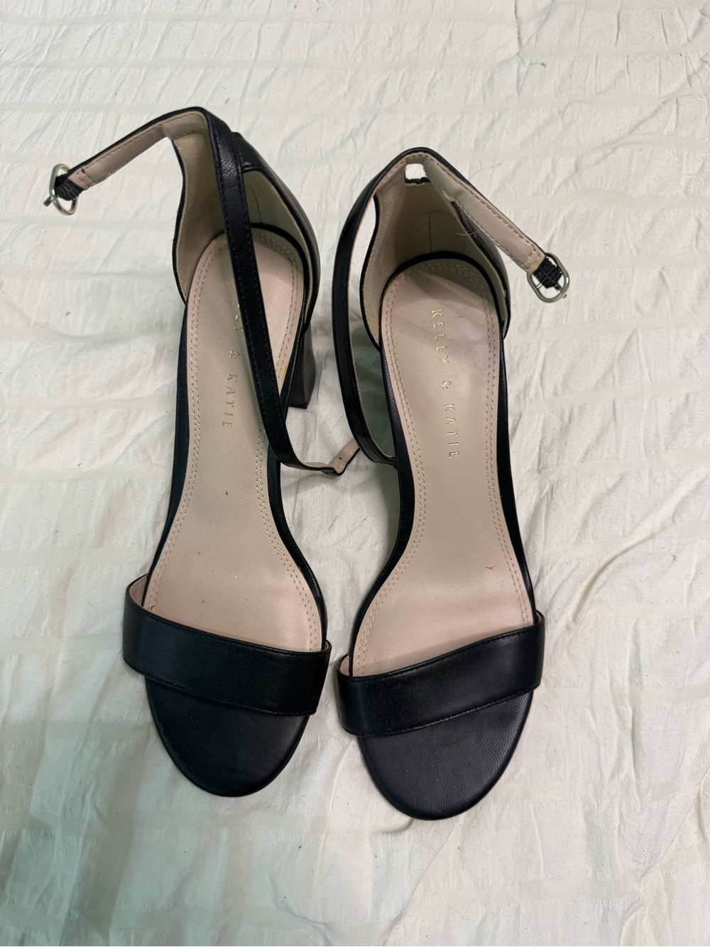 Black Leather Ankle-Strap Block Heels